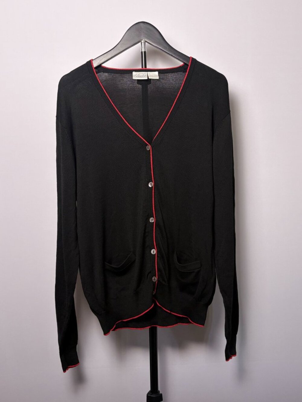 Tail Women's Silk Blend Cardigan Sweater Size Large Black w/ Red Contrast Trim - Picture 2 of 8